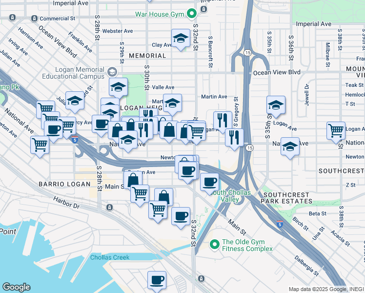 map of restaurants, bars, coffee shops, grocery stores, and more near 3137 National Avenue in San Diego