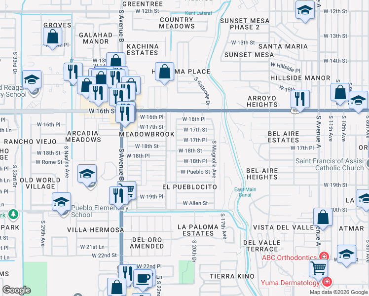 map of restaurants, bars, coffee shops, grocery stores, and more near 1923 West 18th Street in Yuma