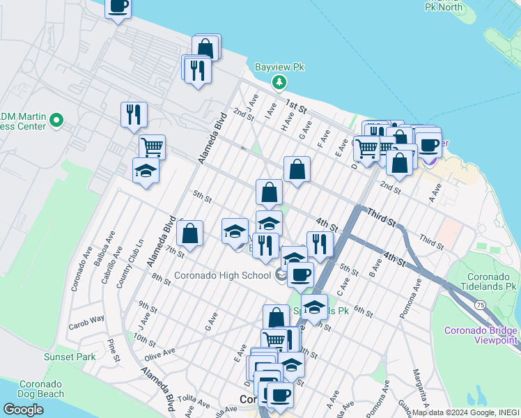 map of restaurants, bars, coffee shops, grocery stores, and more near 614 4th Street in Coronado