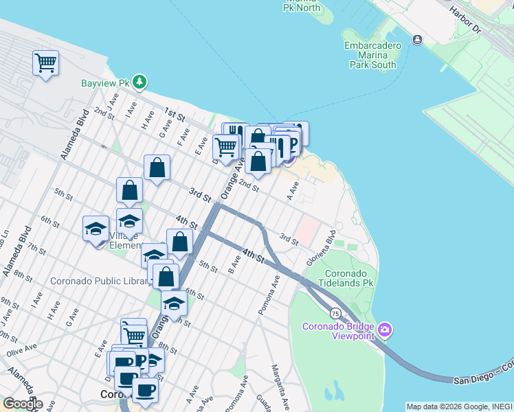 map of restaurants, bars, coffee shops, grocery stores, and more near 240 B Avenue in Coronado
