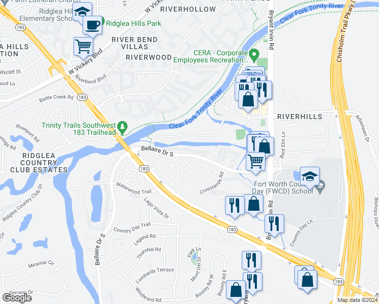 map of restaurants, bars, coffee shops, grocery stores, and more near 5721 Cedar Creek Drive in Benbrook