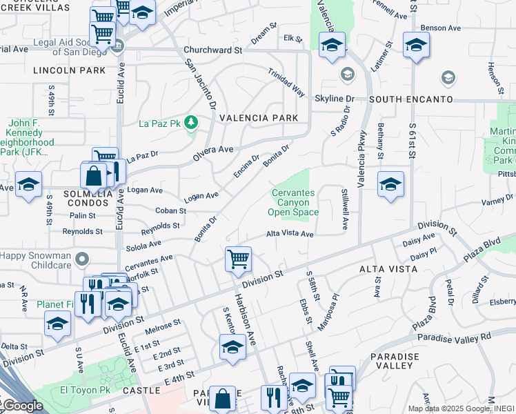 map of restaurants, bars, coffee shops, grocery stores, and more near 5651 Cervantes Avenue in San Diego