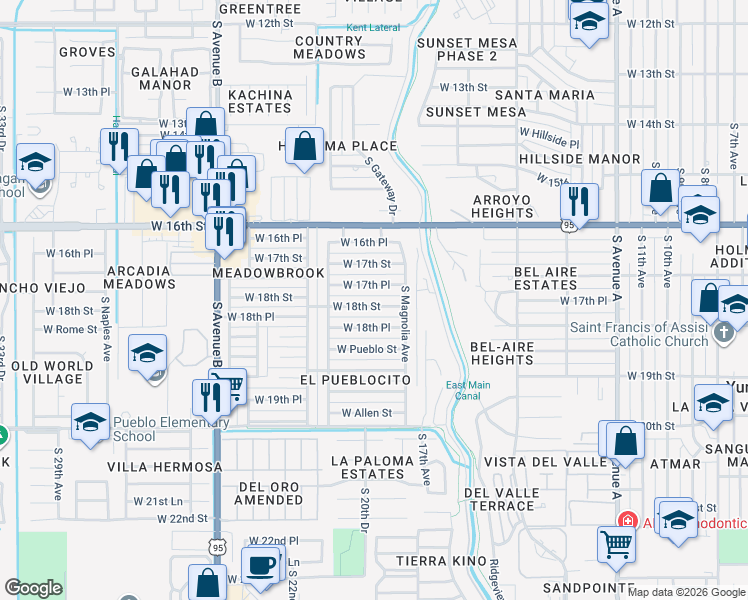 map of restaurants, bars, coffee shops, grocery stores, and more near 1903 West 18th Street in Yuma