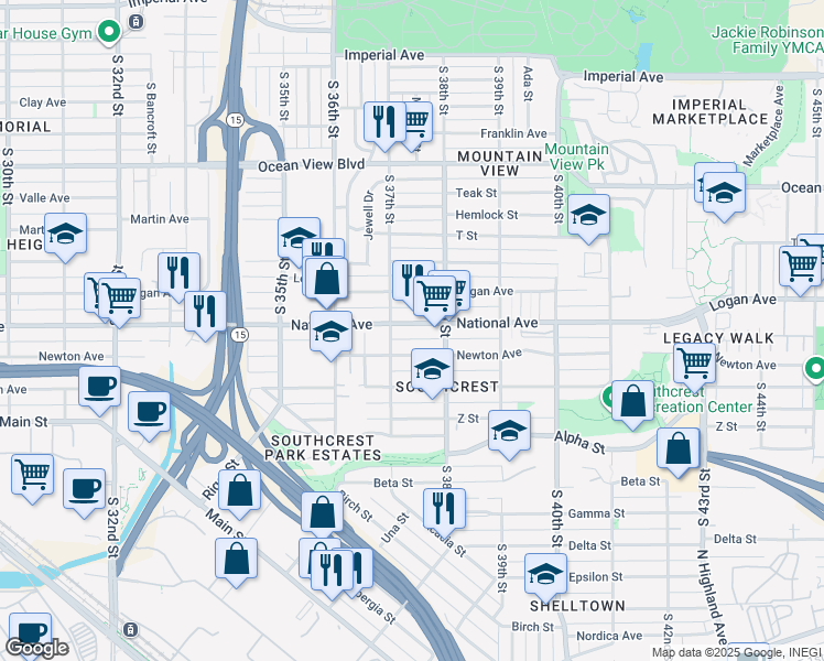 map of restaurants, bars, coffee shops, grocery stores, and more near 3726 Newton Avenue in San Diego