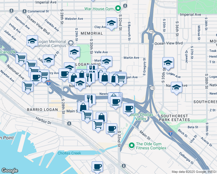 map of restaurants, bars, coffee shops, grocery stores, and more near 1020 South 31st Street in San Diego