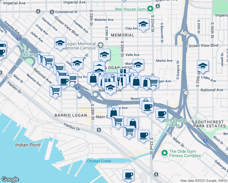 map of restaurants, bars, coffee shops, grocery stores, and more near 2951 National Avenue in San Diego