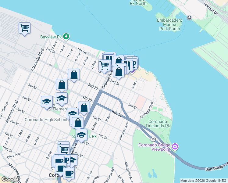 map of restaurants, bars, coffee shops, grocery stores, and more near 277 C Avenue in Coronado