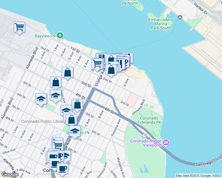 map of restaurants, bars, coffee shops, grocery stores, and more near 247 B Avenue in Coronado