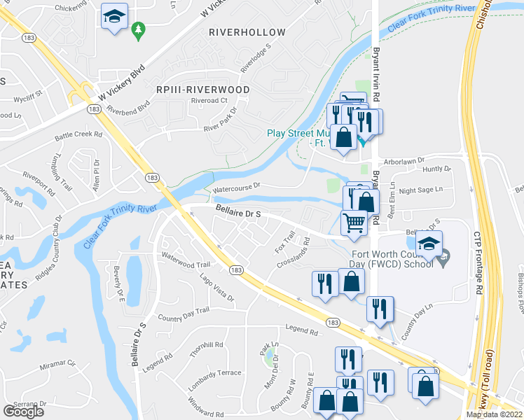 map of restaurants, bars, coffee shops, grocery stores, and more near 5717 Cedar Creek Drive in Benbrook