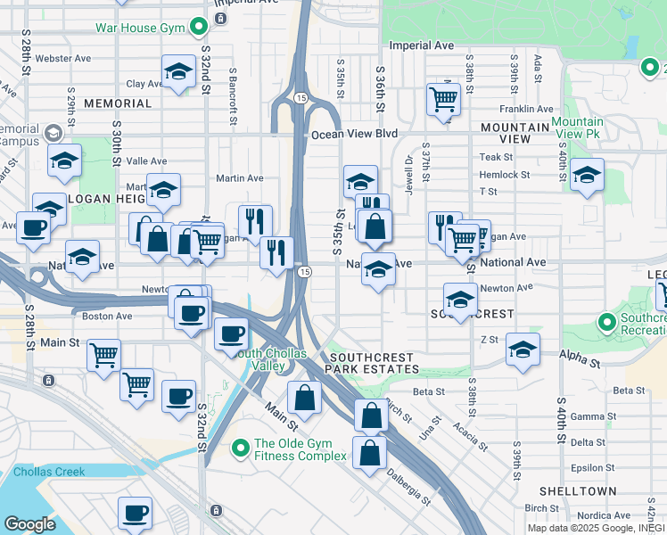map of restaurants, bars, coffee shops, grocery stores, and more near 3510 Newton Avenue in San Diego
