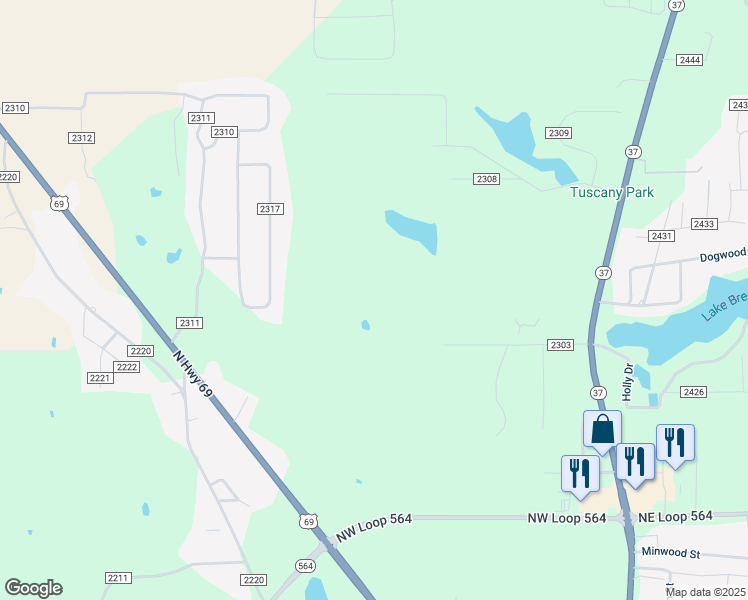 map of restaurants, bars, coffee shops, grocery stores, and more near County Road 2303 in Mineola