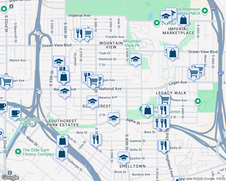 map of restaurants, bars, coffee shops, grocery stores, and more near 3905-9 National Avenue in San Diego