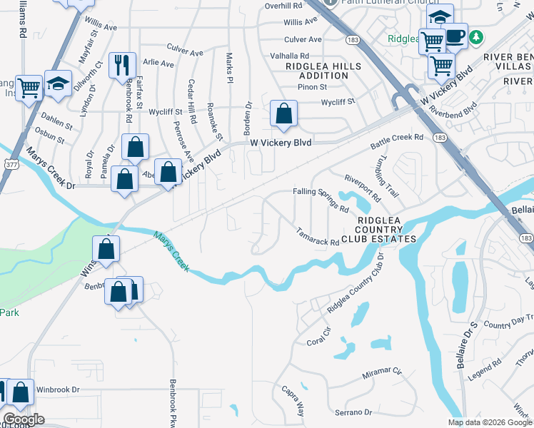 map of restaurants, bars, coffee shops, grocery stores, and more near 7251 Valley Dale Court in Benbrook