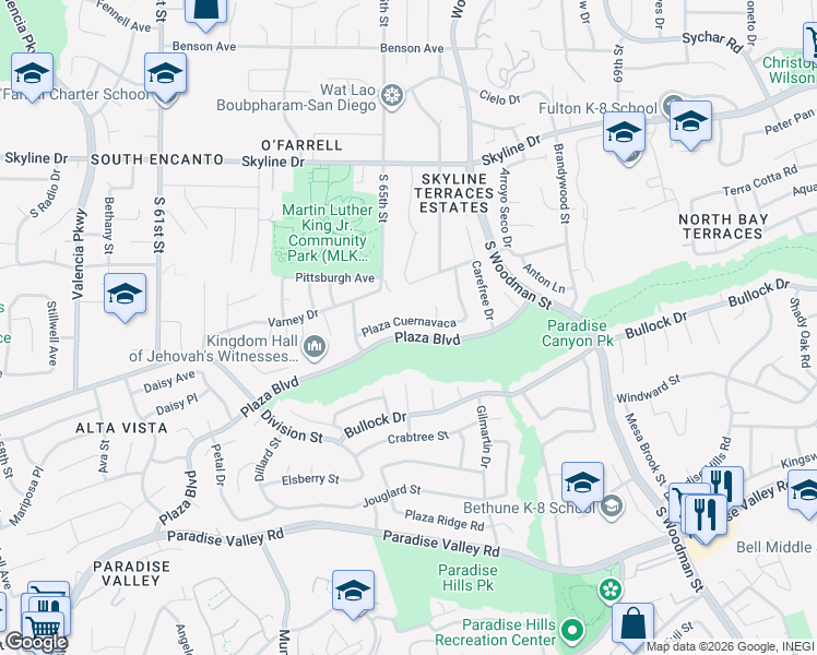 map of restaurants, bars, coffee shops, grocery stores, and more near 6403 Plaza Cuernavaca in San Diego