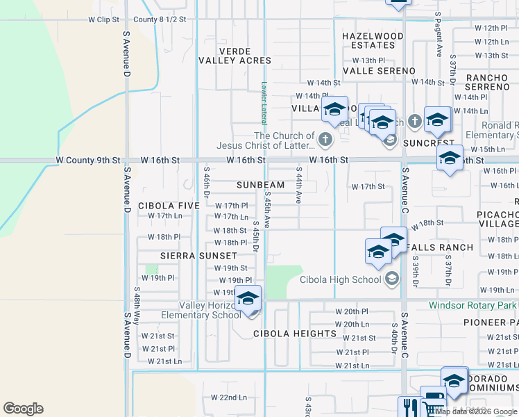 map of restaurants, bars, coffee shops, grocery stores, and more near 1745 South 45th Drive in Yuma