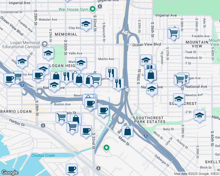 map of restaurants, bars, coffee shops, grocery stores, and more near 3325 National Avenue in San Diego