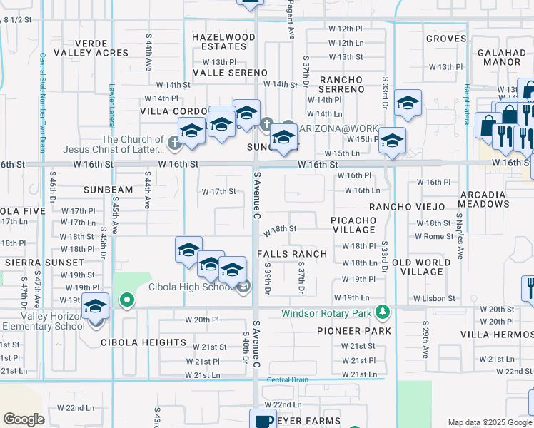 map of restaurants, bars, coffee shops, grocery stores, and more near 3951 West 17th Place in Yuma