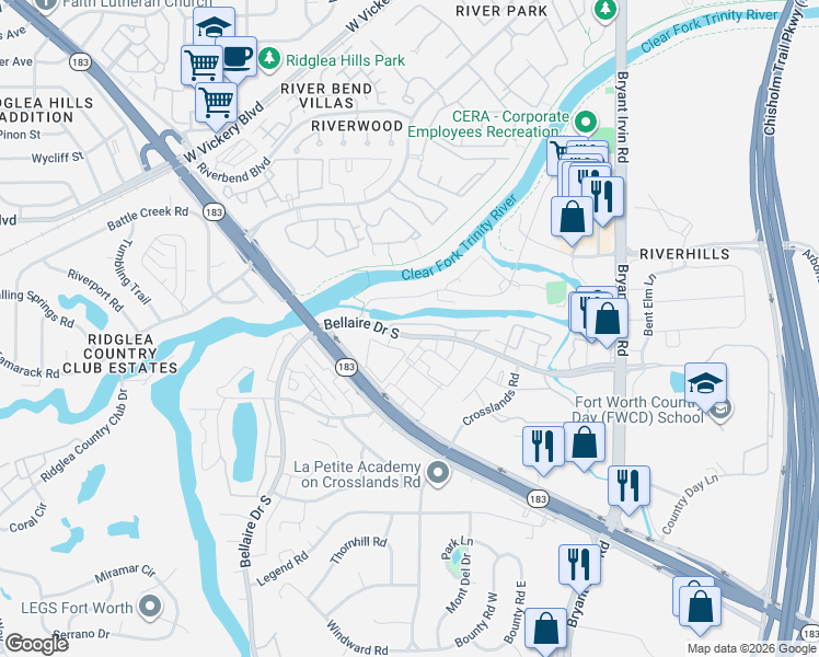 map of restaurants, bars, coffee shops, grocery stores, and more near 3801 Levee Circle East in Benbrook