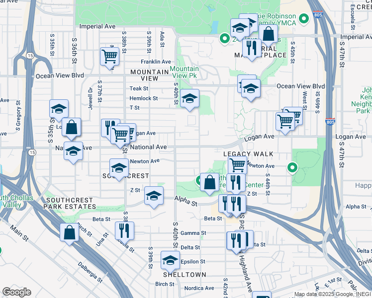 map of restaurants, bars, coffee shops, grocery stores, and more near 4092 Newton Avenue in San Diego