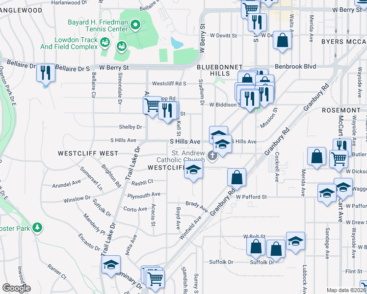 map of restaurants, bars, coffee shops, grocery stores, and more near 3481 South Hills Avenue in Fort Worth
