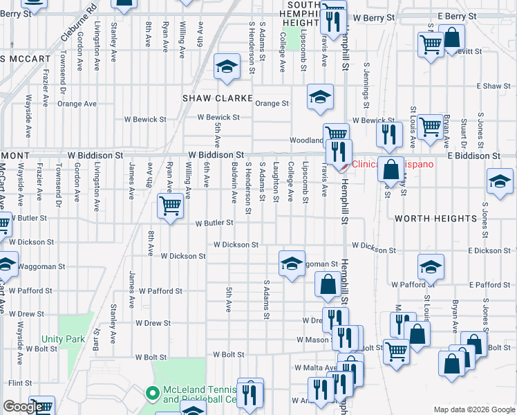 map of restaurants, bars, coffee shops, grocery stores, and more near 3637 South Adams Street in Fort Worth