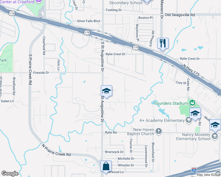 map of restaurants, bars, coffee shops, grocery stores, and more near 1014 South Saint Augustine Drive in Dallas