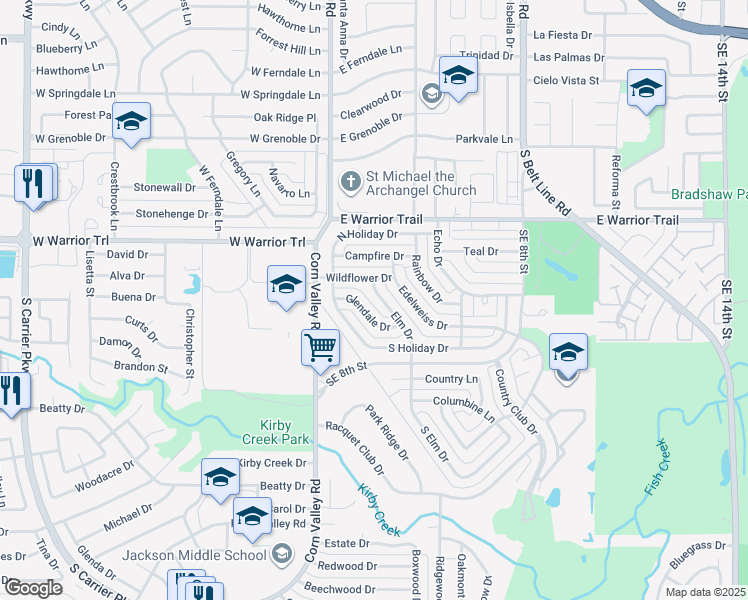 map of restaurants, bars, coffee shops, grocery stores, and more near 3113 Elm Drive in Grand Prairie