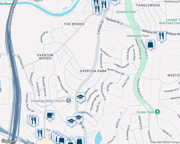 map of restaurants, bars, coffee shops, grocery stores, and more near 4603 Ranch View Road in Fort Worth