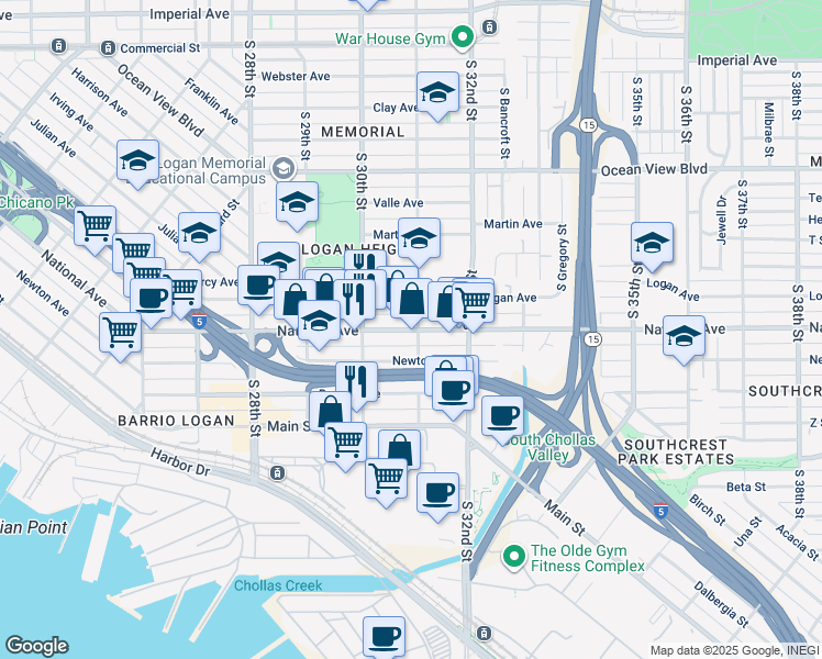map of restaurants, bars, coffee shops, grocery stores, and more near National Avenue in San Diego