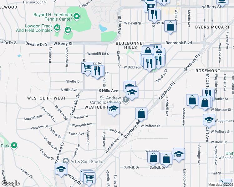 map of restaurants, bars, coffee shops, grocery stores, and more near 3201 South Hills Avenue in Fort Worth