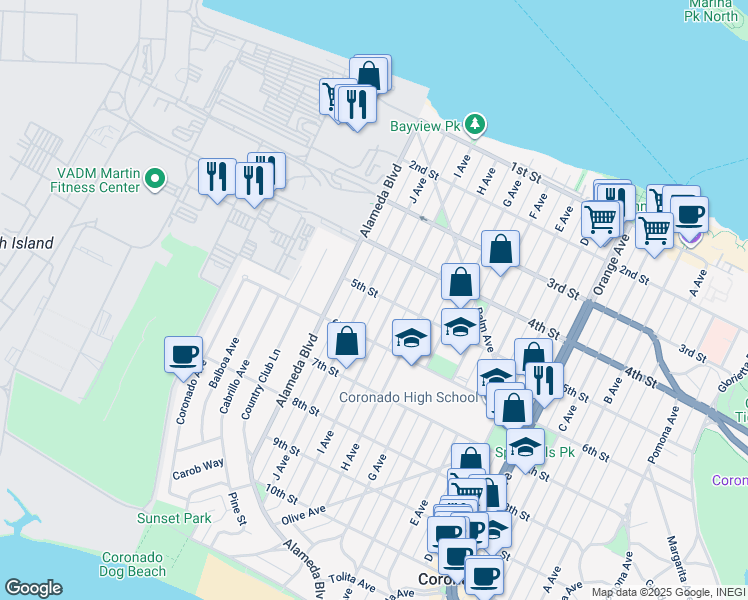 map of restaurants, bars, coffee shops, grocery stores, and more near 408 5th Street in Coronado