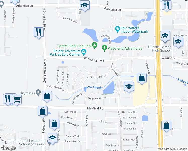 map of restaurants, bars, coffee shops, grocery stores, and more near 2108 North Kirbywood Trail in Grand Prairie