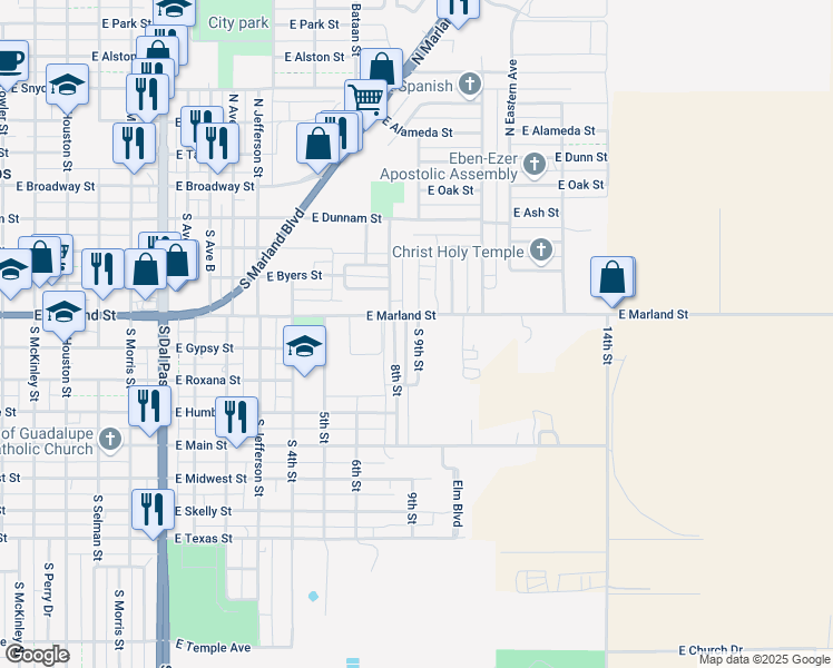 map of restaurants, bars, coffee shops, grocery stores, and more near 500-698 South 9th Street in Hobbs