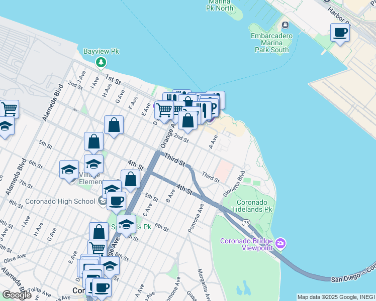 map of restaurants, bars, coffee shops, grocery stores, and more near 247 B Avenue in Coronado