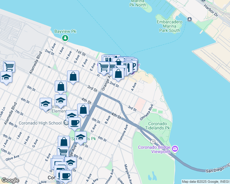 map of restaurants, bars, coffee shops, grocery stores, and more near 277 C Avenue in Coronado