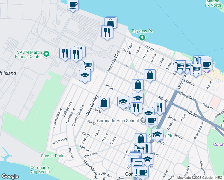 map of restaurants, bars, coffee shops, grocery stores, and more near 408 5th Street in Coronado