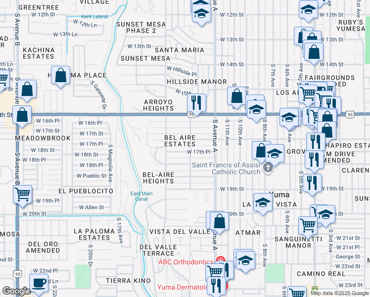 map of restaurants, bars, coffee shops, grocery stores, and more near 1325 West 17th Place in Yuma