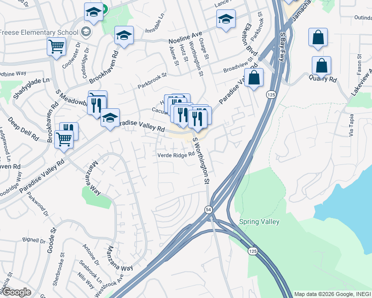 map of restaurants, bars, coffee shops, grocery stores, and more near 8349 Verde Ridge Road in Spring Valley