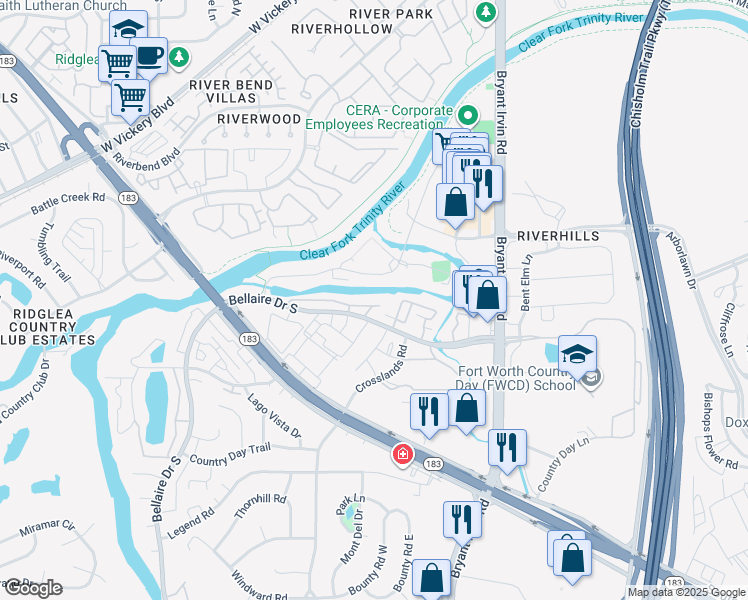 map of restaurants, bars, coffee shops, grocery stores, and more near 5616 Cedar Creek Drive in Benbrook