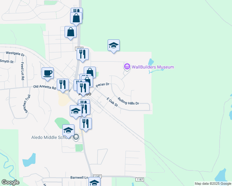 map of restaurants, bars, coffee shops, grocery stores, and more near 413 Rolling Hills Drive in Aledo