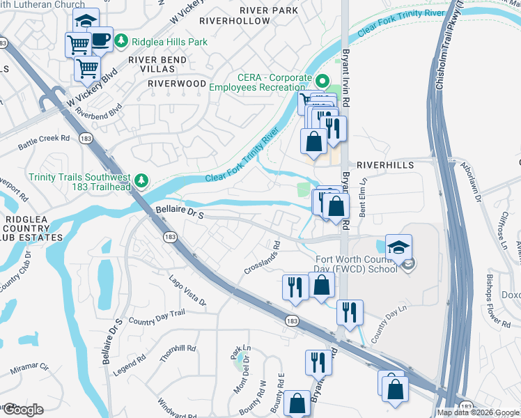 map of restaurants, bars, coffee shops, grocery stores, and more near 5616 Cedar Creek Drive in Benbrook