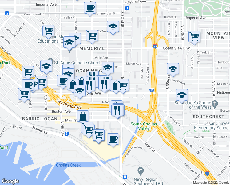map of restaurants, bars, coffee shops, grocery stores, and more near 3144 National Avenue in San Diego