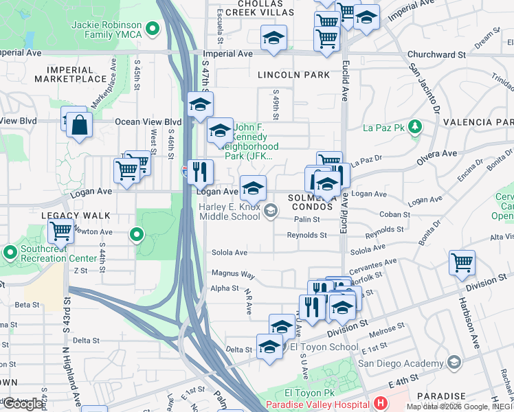 map of restaurants, bars, coffee shops, grocery stores, and more near 1098 South 49th Street in San Diego