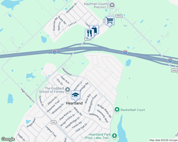 map of restaurants, bars, coffee shops, grocery stores, and more near 2036 Carriage Road in Forney