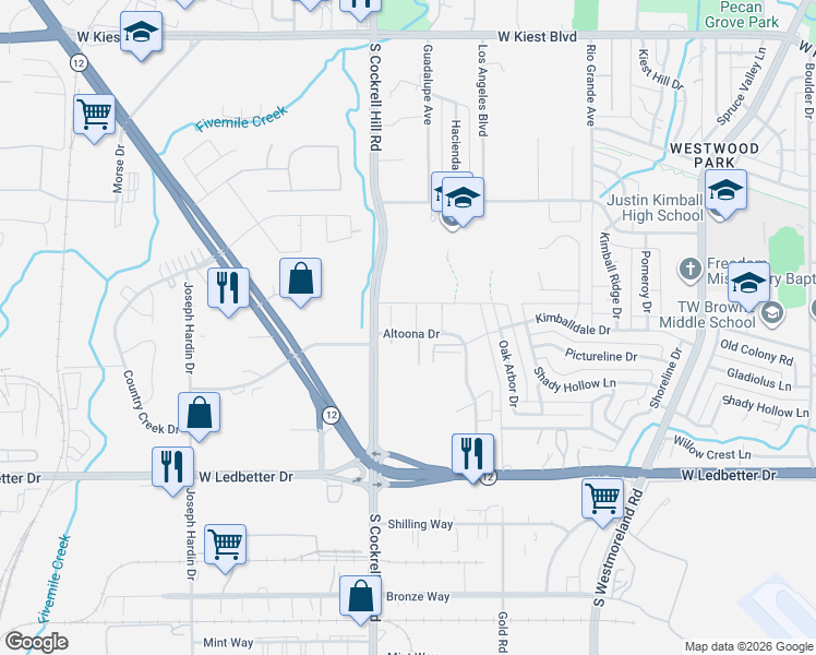 map of restaurants, bars, coffee shops, grocery stores, and more near 3954 Altoona Drive in Dallas