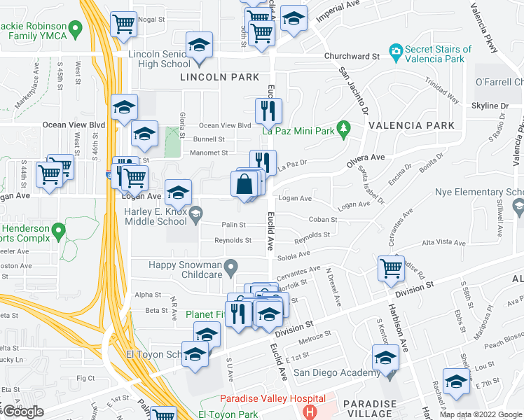 map of restaurants, bars, coffee shops, grocery stores, and more near 950 Euclid Avenue in San Diego