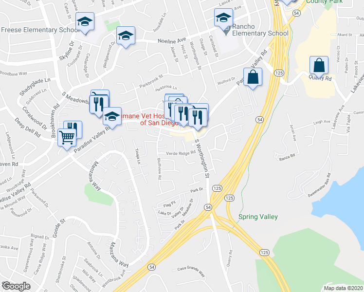map of restaurants, bars, coffee shops, grocery stores, and more near 8349 Verde Ridge Road in Spring Valley