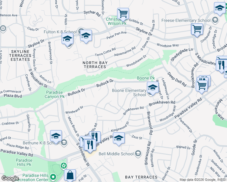 map of restaurants, bars, coffee shops, grocery stores, and more near 210 Shady Oak Road in San Diego