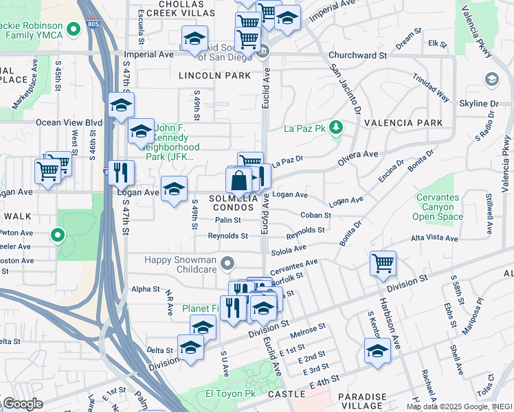 map of restaurants, bars, coffee shops, grocery stores, and more near 5096 Palin Street in San Diego