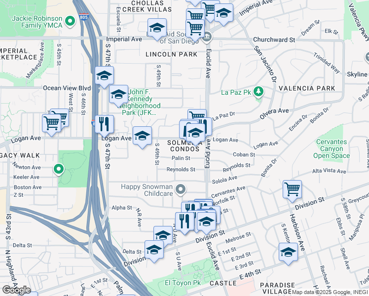 map of restaurants, bars, coffee shops, grocery stores, and more near 5034 Palin Street in San Diego